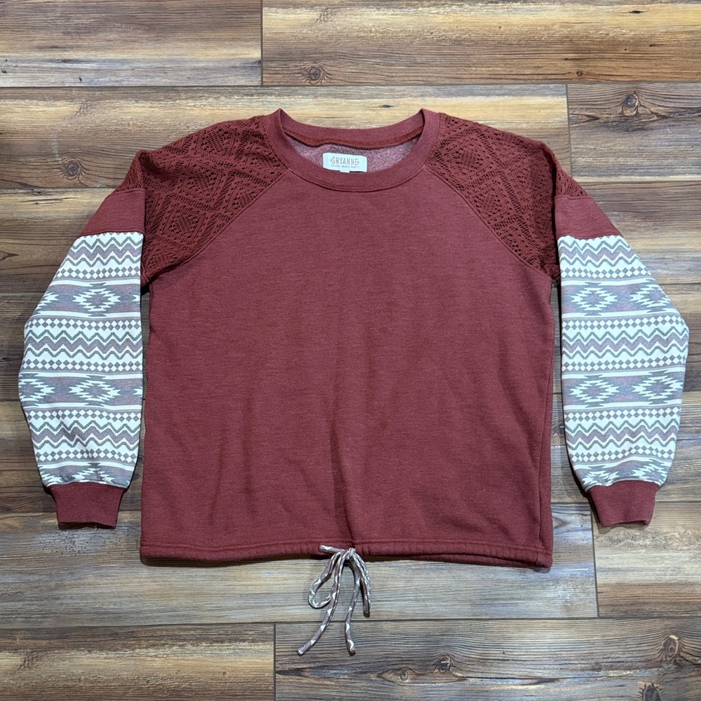 Shyanne Burgundy Pullover Sweatshirt with Patterned Sleeves